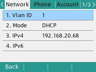 Экран Menu → Status → Network телефона Flyingvoice: строка IPv4 с адресом