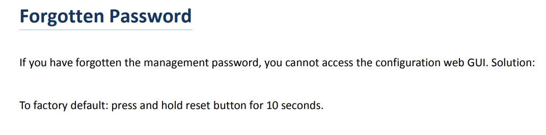 Раздел «Forgotten Password» руководства FTA1101: сброс к заводским — удерживать кнопку Reset 10 секунд