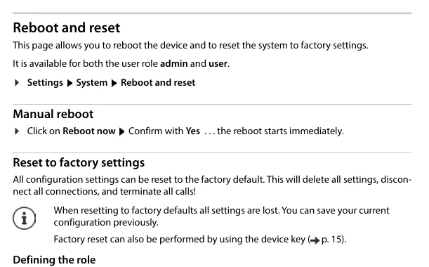 Страница Reboot and reset в веб-конфигураторе Gigaset