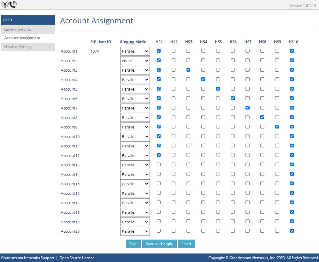 Страница DECT → Account Assignment: список Account1…Account20, столбец Ringing Mode и галочки по трубкам HS1–HS10