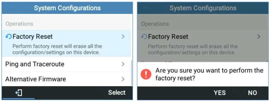 Экран GRP26xx: System Configurations → Operations → Factory Reset и подтверждение «Are you sure you want to perform the factory reset?» с клавишами YES и NO