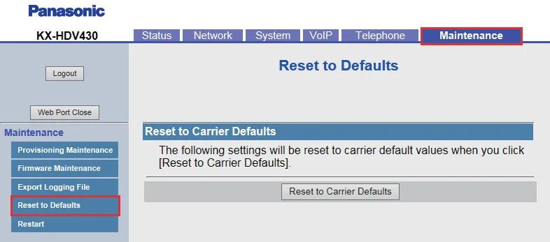 Страница Maintenance → Reset to Defaults в веб-интерфейсе Panasonic с кнопкой Reset to Carrier Defaults