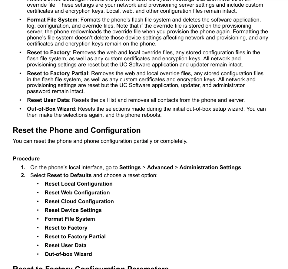Список вариантов сброса в администраторском гайде Poly: Reset to Factory, Reset to Factory Partial и другие
