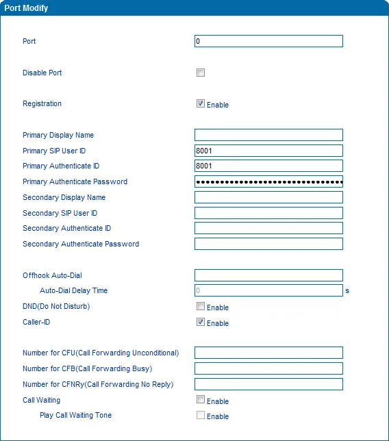 Окно Port Modify шлюза Dinstar DAG: Registration Enable, Primary Display Name, Primary SIP User ID, Primary Authenticate ID и Password