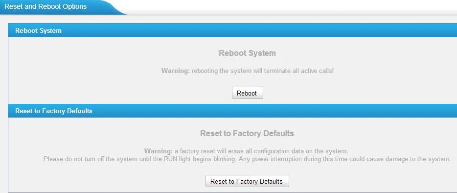 Страница Reset and Reboot шлюза Yeastar TA с кнопками Reboot и Reset to Factory Defaults