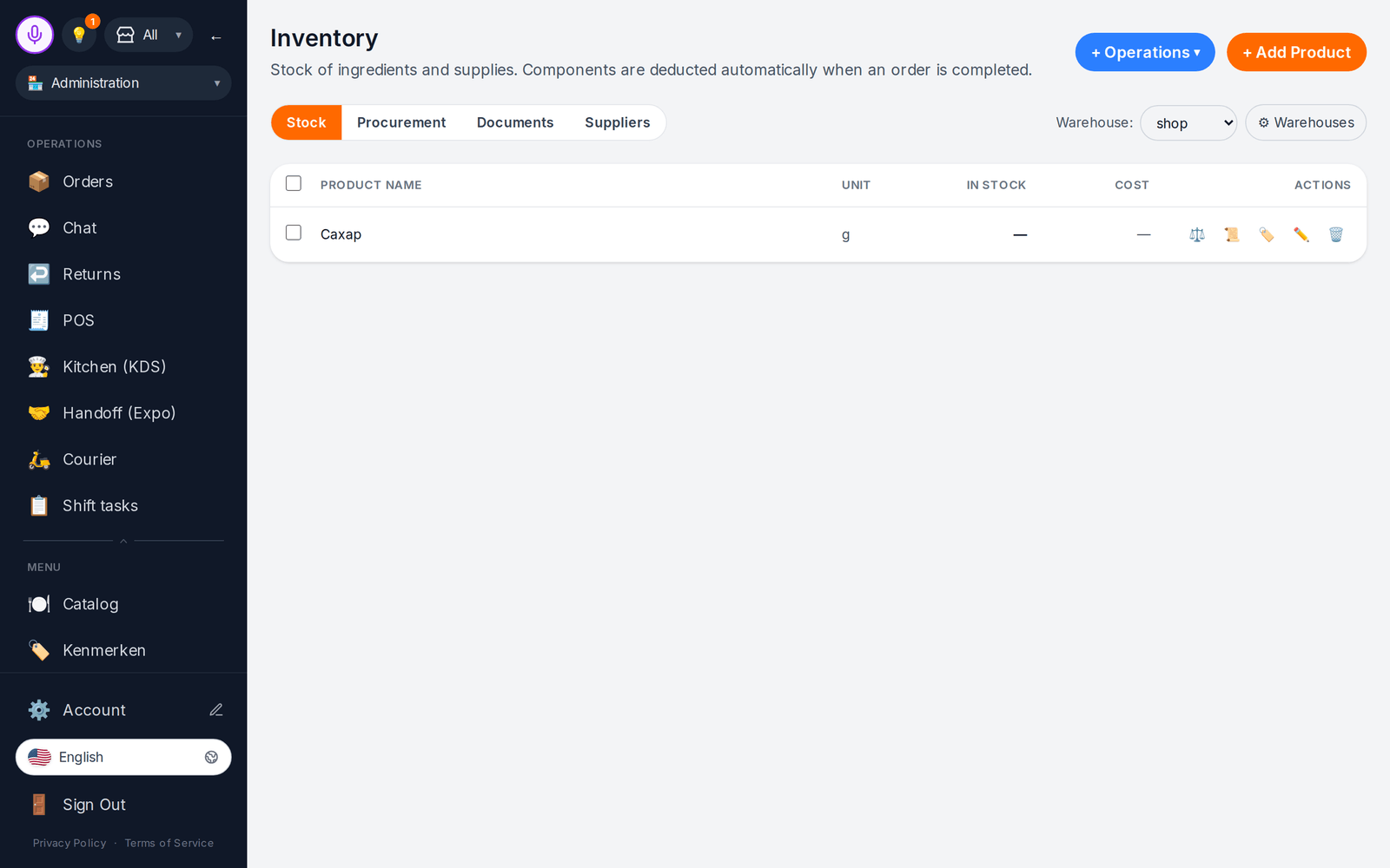 Inventory and recipes